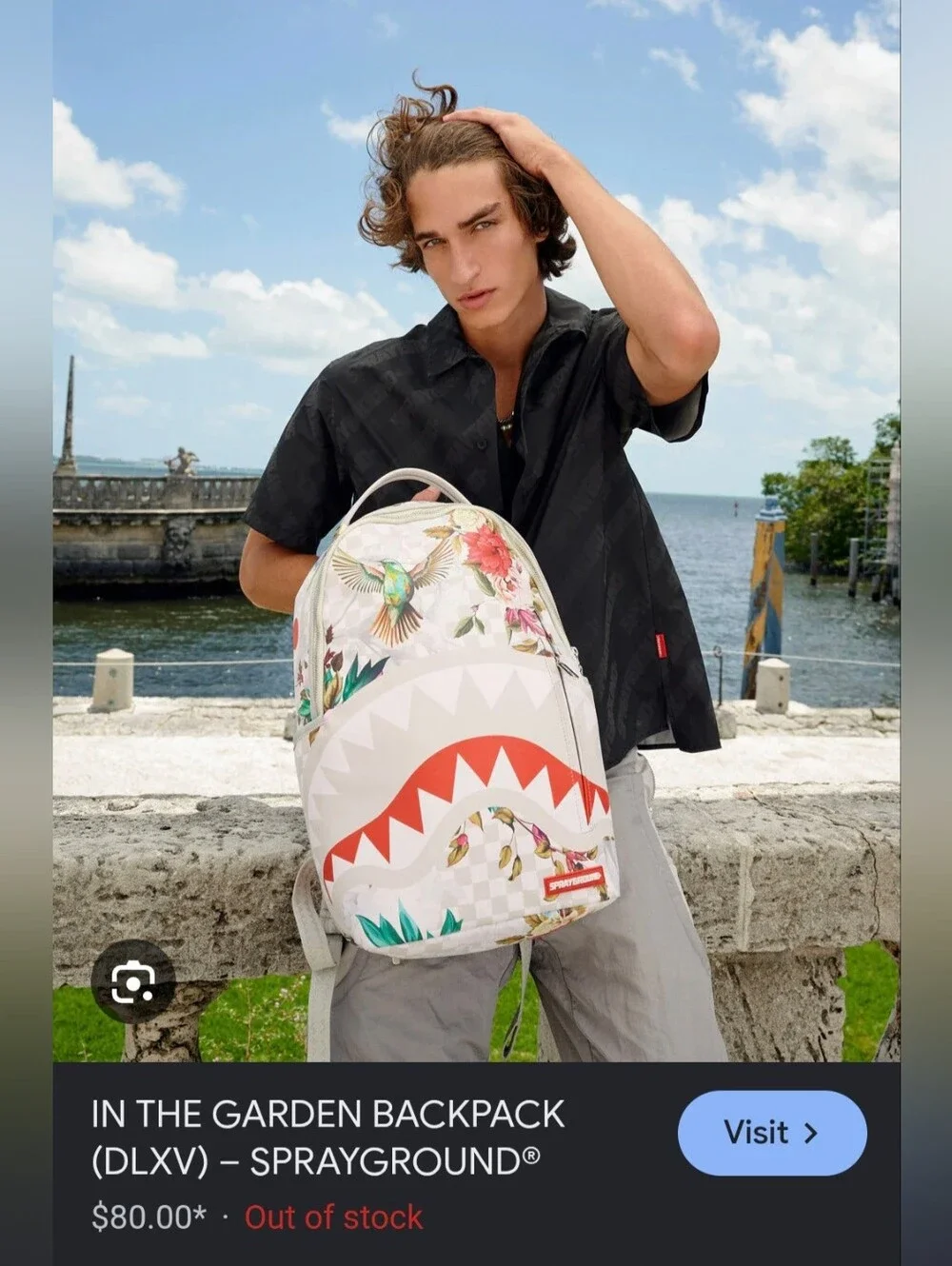 Sprayground Floral Shark-Graphic White Backpack with Red Accent